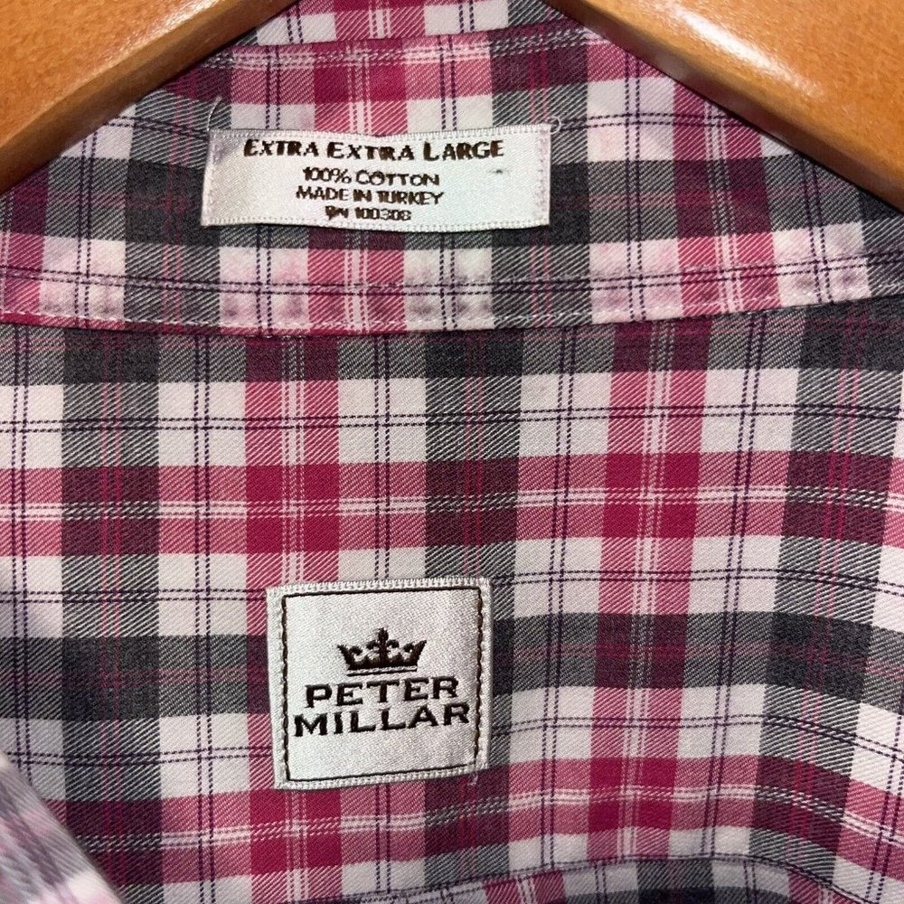 Peter Millar Mens Cotton Pink Gray White Plaid Long Sleeve Button Down Shirt XXL